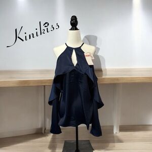 KiniKiss, Elegant Off-Shoulder Satin Blouse, Navy, XL 💋